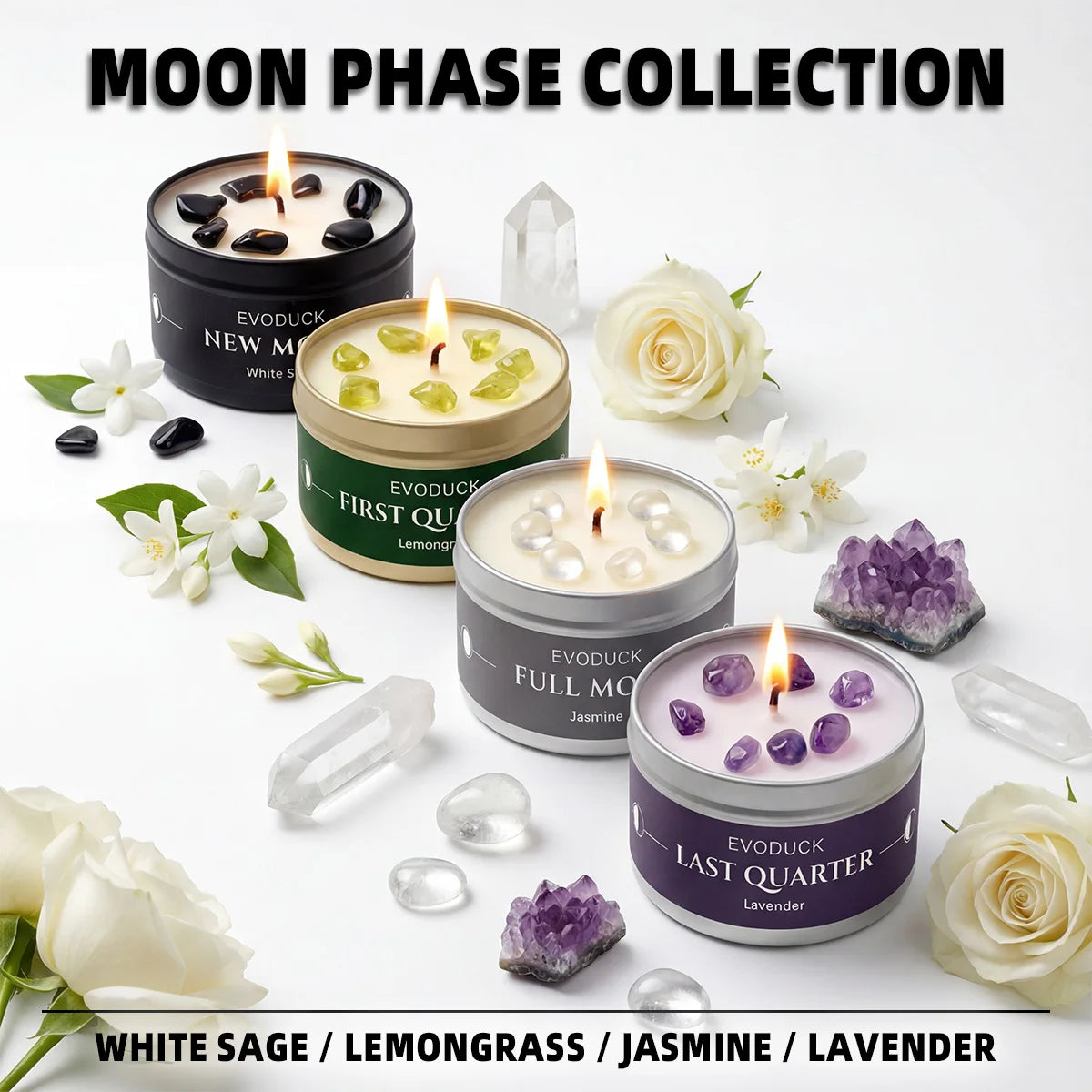 New Moon Scented Candles White Sage 3oz  Soy Wax Scented Candle Black Tin with Black Crystal Chips christmas gift gift for woman