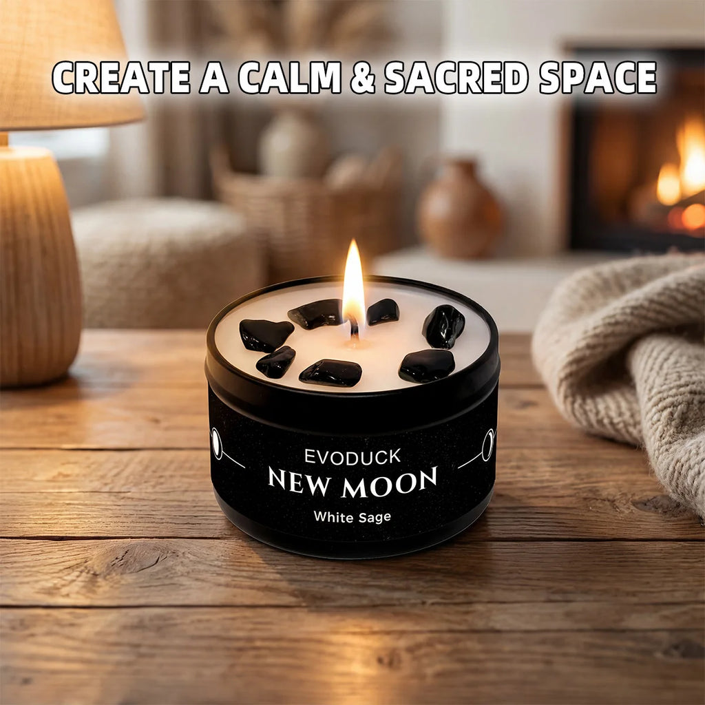 New Moon Scented Candles White Sage 3oz  Soy Wax Scented Candle Black Tin with Black Crystal Chips christmas gift gift for woman