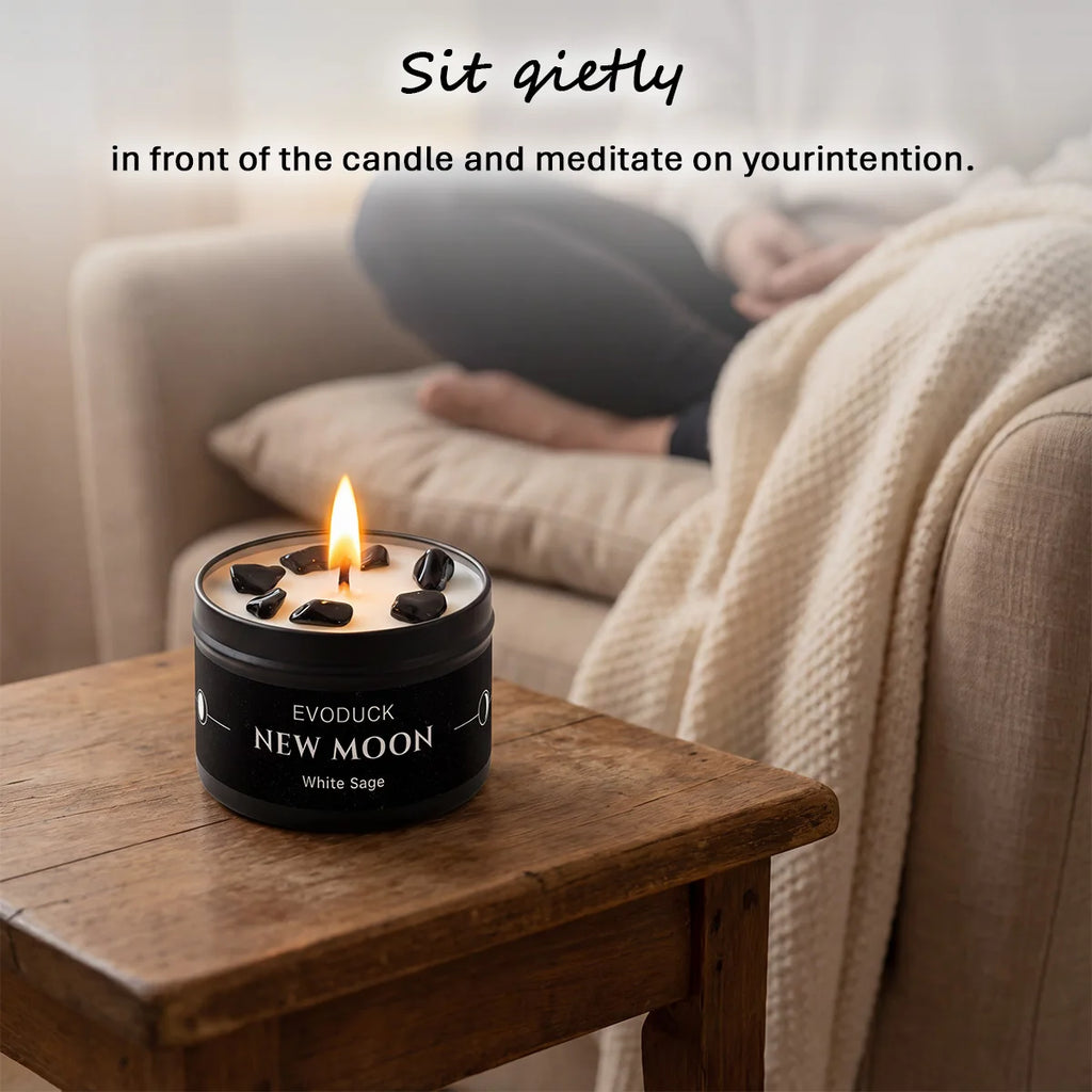 New Moon Scented Candles White Sage 3oz  Soy Wax Scented Candle Black Tin with Black Crystal Chips christmas gift gift for woman