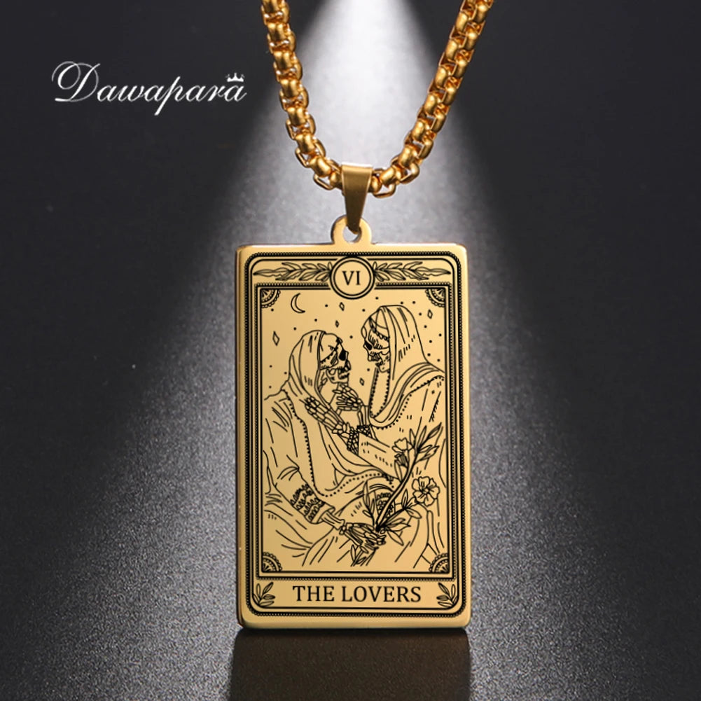 Dawapara Skeleton Tarot Necklace Amulet Marigold Tarot Card Major Arcana Necklaces Halloween Gift Stainless Steel Jewelry