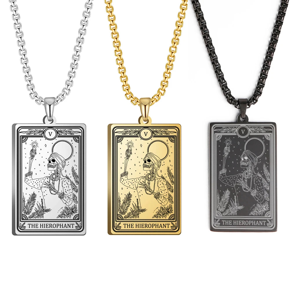 Dawapara Skeleton Tarot Necklace Amulet Marigold Tarot Card Major Arcana Necklaces Halloween Gift Stainless Steel Jewelry