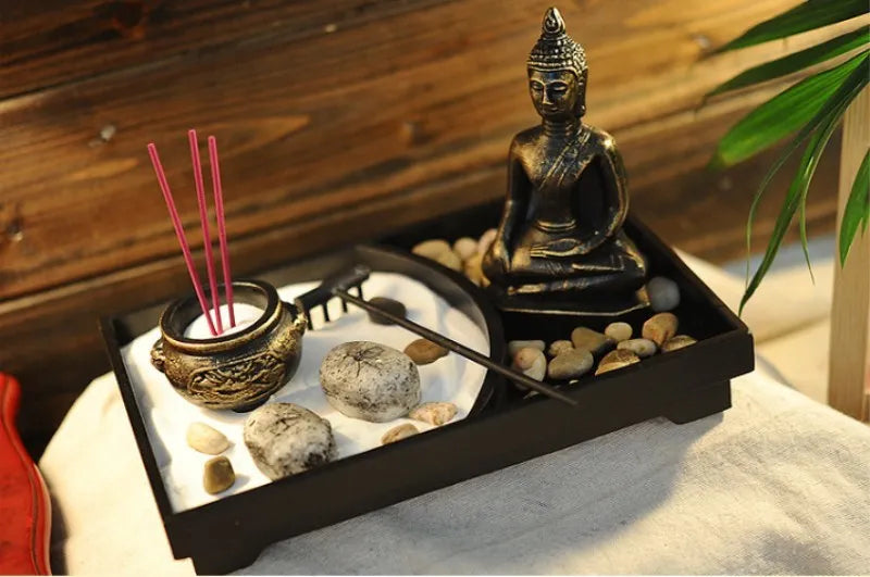 Resin Buddha Statue Zen Meditation Peaceful Relax Decor Set Spiritual Zen Garden Sand Tray Kit Buddha Incense Burner