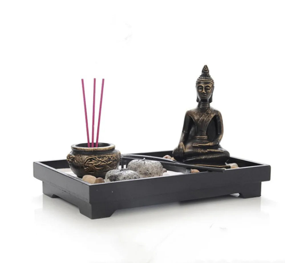 Resin Buddha Statue Zen Meditation Peaceful Relax Decor Set Spiritual Zen Garden Sand Tray Kit Buddha Incense Burner