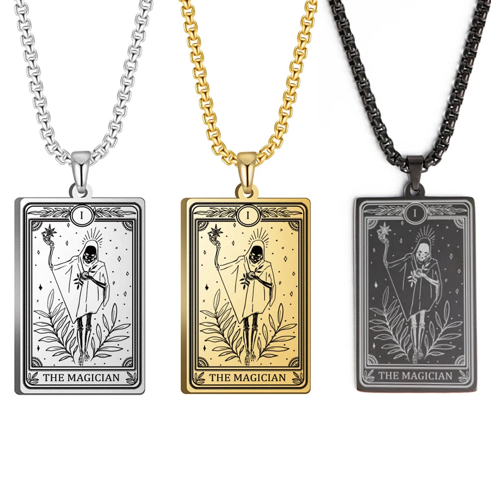 Dawapara Skeleton Tarot Necklace Amulet Marigold Tarot Card Major Arcana Necklaces Halloween Gift Stainless Steel Jewelry