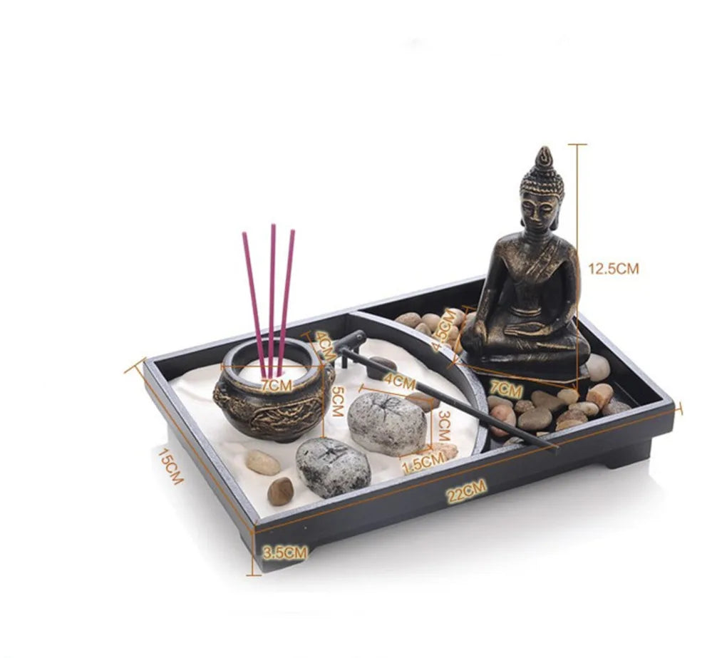 Resin Buddha Statue Zen Meditation Peaceful Relax Decor Set Spiritual Zen Garden Sand Tray Kit Buddha Incense Burner