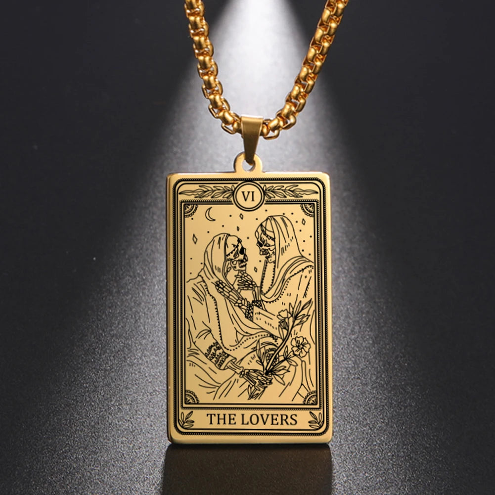 Dawapara Skeleton Tarot Necklace Amulet Marigold Tarot Card Major Arcana Necklaces Halloween Gift Stainless Steel Jewelry