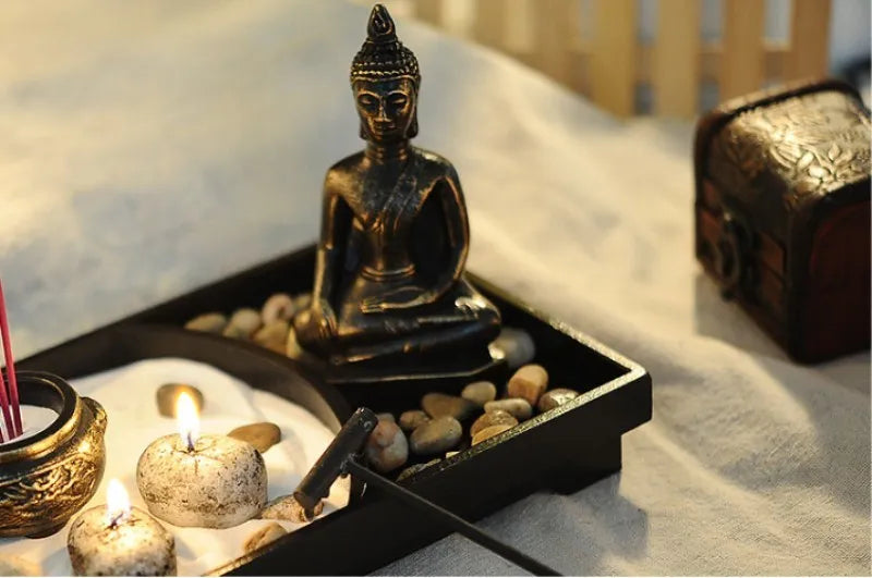 Resin Buddha Statue Zen Meditation Peaceful Relax Decor Set Spiritual Zen Garden Sand Tray Kit Buddha Incense Burner