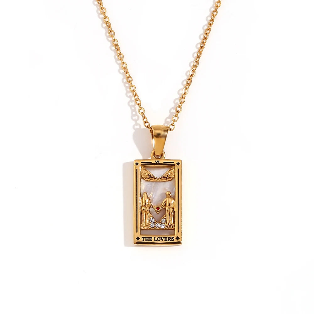 MamacitaSlay New In Populry Rectangular Pendant Empress Lovers Magician Tarot Waterproof Stainless Steel Necklace For Women