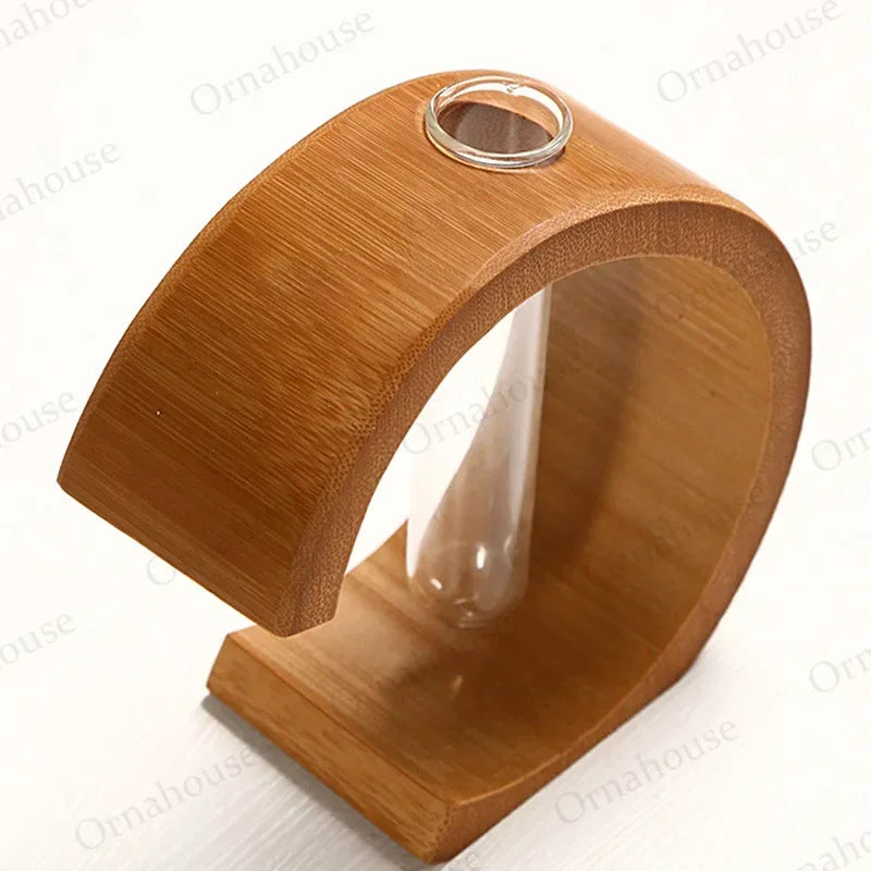 Handmade Bamboo Vase with Wooden Frame Retro Flowerpot for Bonsai Plant Home Decoration Tabletop Ornament
