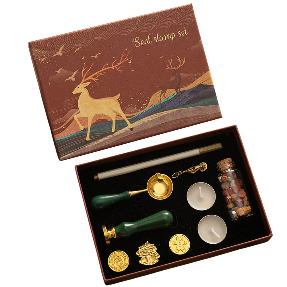 Wax Seal Stamp Kit with 6pcs Seal Stamp and Bottle of Wax Beads  Spoon/Candle/Wax Melt Warmer for Christmas Vintage Envelopes