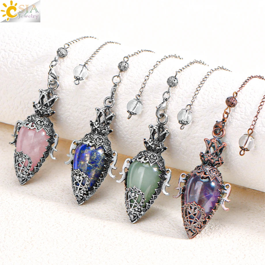 CSJA Natural Stone Cone Pendulum Reiki Amethyst Pink Crystal Gem Stone Pendulo for Dowsing Dinvination Healing Quartz H624