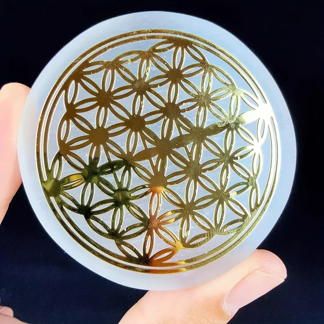 1pc Natural Selenite Slice Irregular Crystal Stone - Mixed Style Boho Star Moon Tree Flower Golden Tray Jewelry Accessories Art