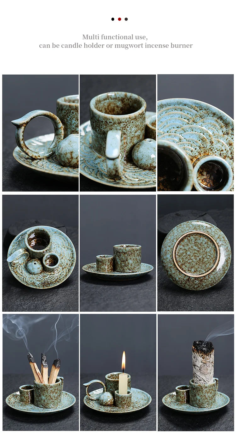 4 in 1 Incense Burner, Sage Palo Santo Holder, Incense Stick Holder Candles Holder Ceramic Censer for Meditation Living Room