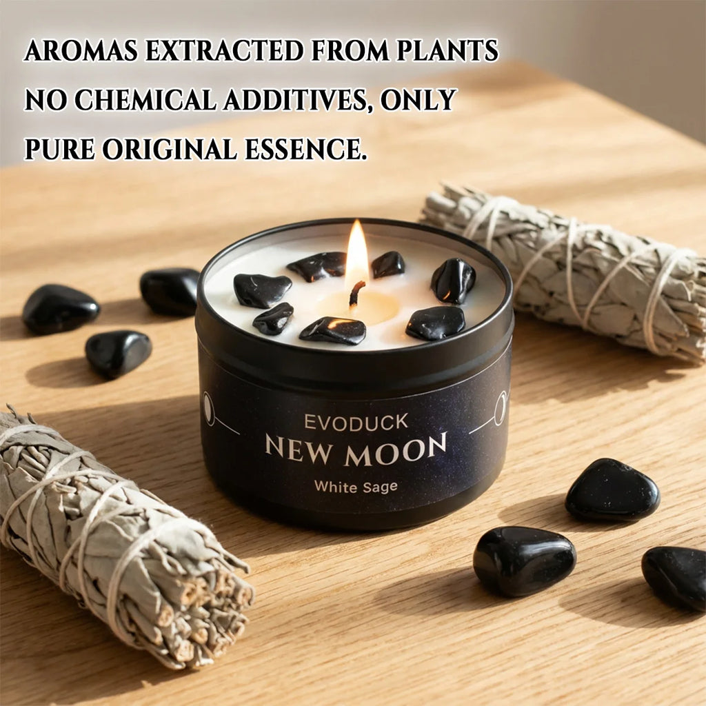 New Moon Scented Candles White Sage 3oz  Soy Wax Scented Candle Black Tin with Black Crystal Chips christmas gift gift for woman