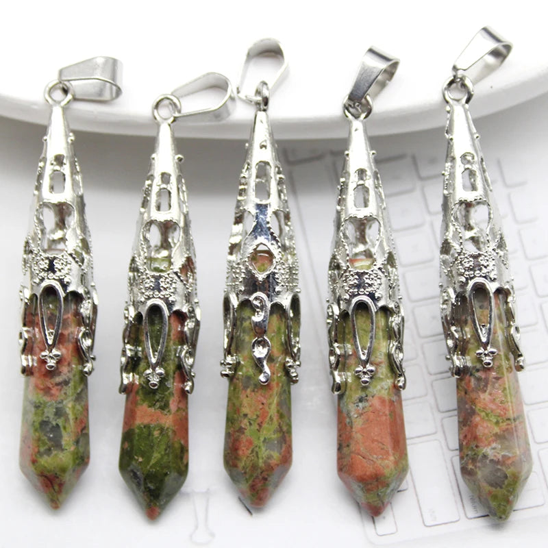 10pcs Crystal Pendulums for Dowsing Divination Natural Gem Stone Quartz Crystal Obsidian Hexagon Pendant For DIY Jewelry Making