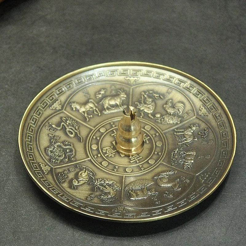 Dragon and Phoenix Bronze Incense Tray Twelve Zodiac Antique Thread Incense Holder Coil Incense Burner Indoor Sandalwood Stove