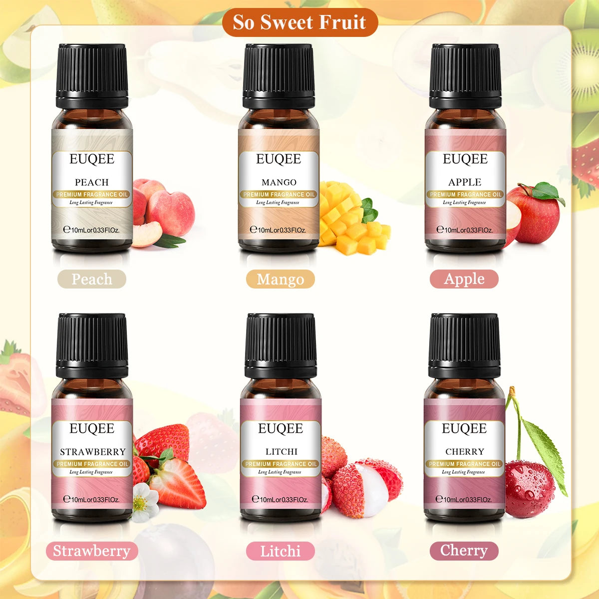 EUQEE 6PCS Aromatherapy Fragrance Oil Gift Set Coffee Fruit Series Essential Oils 10ml Strawberry Cherry Pumpkin Pie Leather