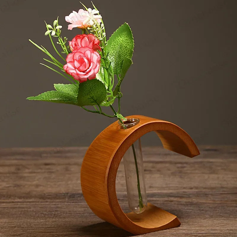 Handmade Bamboo Vase with Wooden Frame Retro Flowerpot for Bonsai Plant Home Decoration Tabletop Ornament
