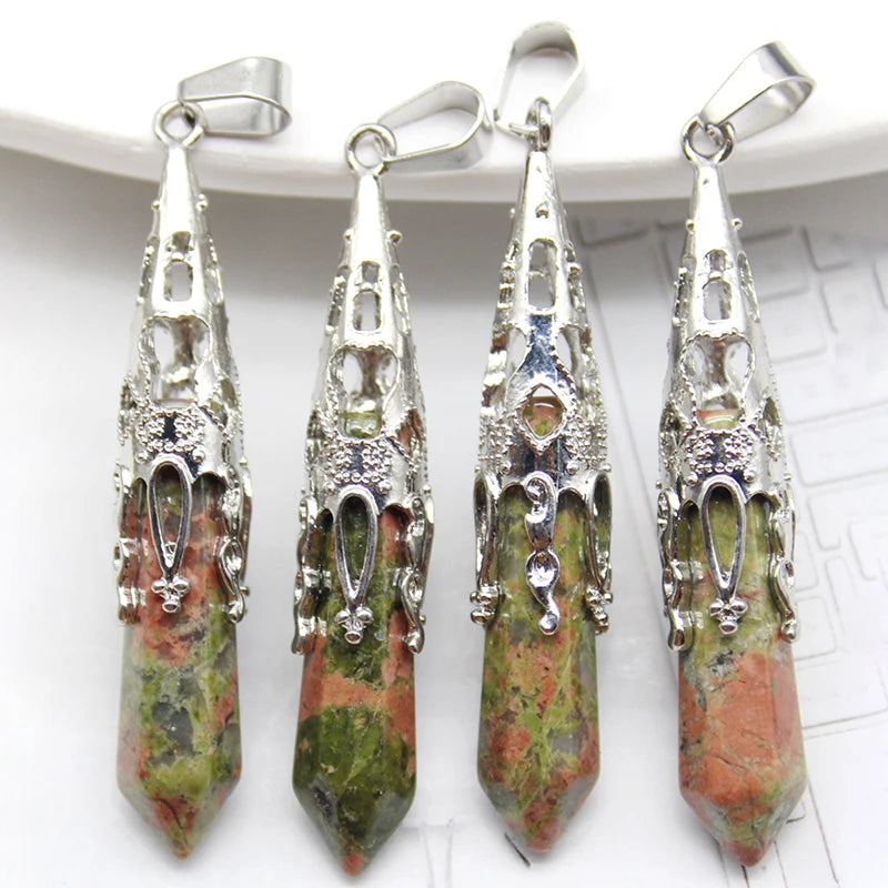 10pcs Crystal Pendulums for Dowsing Divination Natural Gem Stone Quartz Crystal Obsidian Hexagon Pendant For DIY Jewelry Making