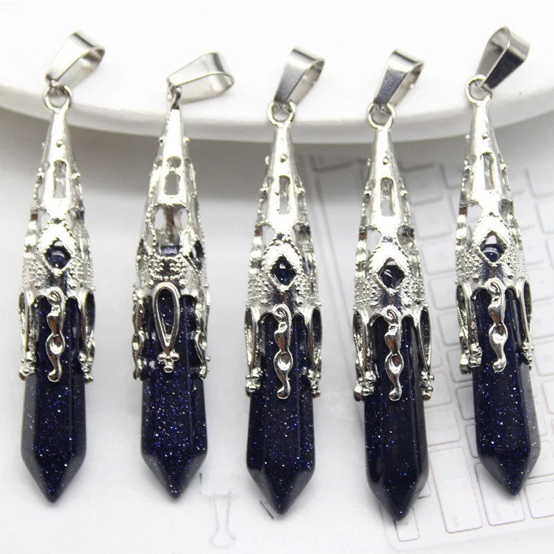 10pcs Crystal Pendulums for Dowsing Divination Natural Gem Stone Quartz Crystal Obsidian Hexagon Pendant For DIY Jewelry Making