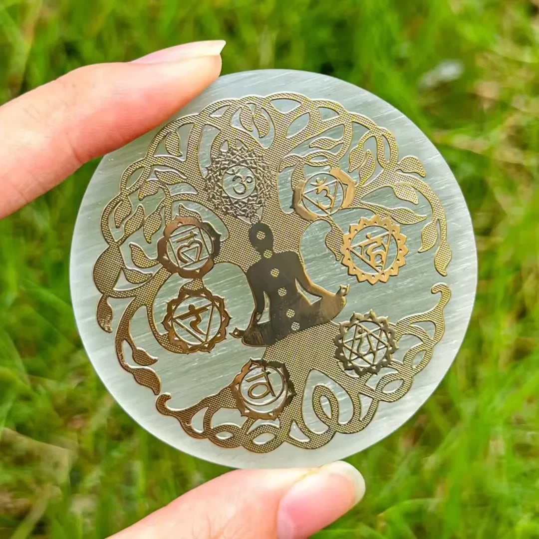 1pc Natural Selenite Slice Irregular Crystal Stone - Mixed Style Boho Star Moon Tree Flower Golden Tray Jewelry Accessories Art