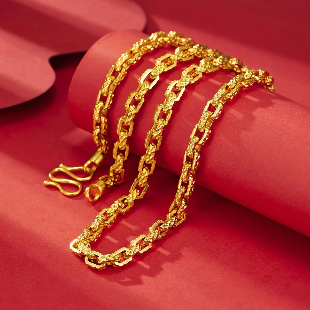 Luxurious and domineering 24K real gold men's square interlocking necklace au9999 gold design Chopin necklace