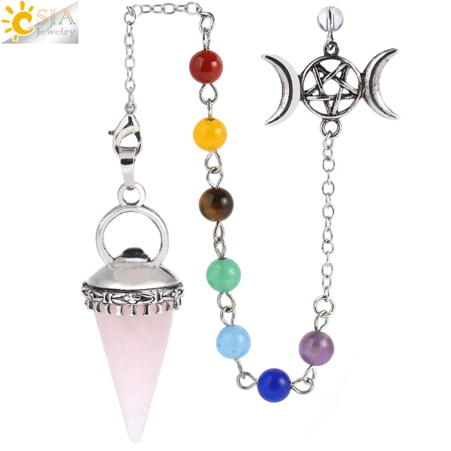 CSJA Natural Stone Cone Pendulum Reiki Amethyst Pink Crystal Gem Stone Pendulo for Dowsing Dinvination Healing Quartz H624