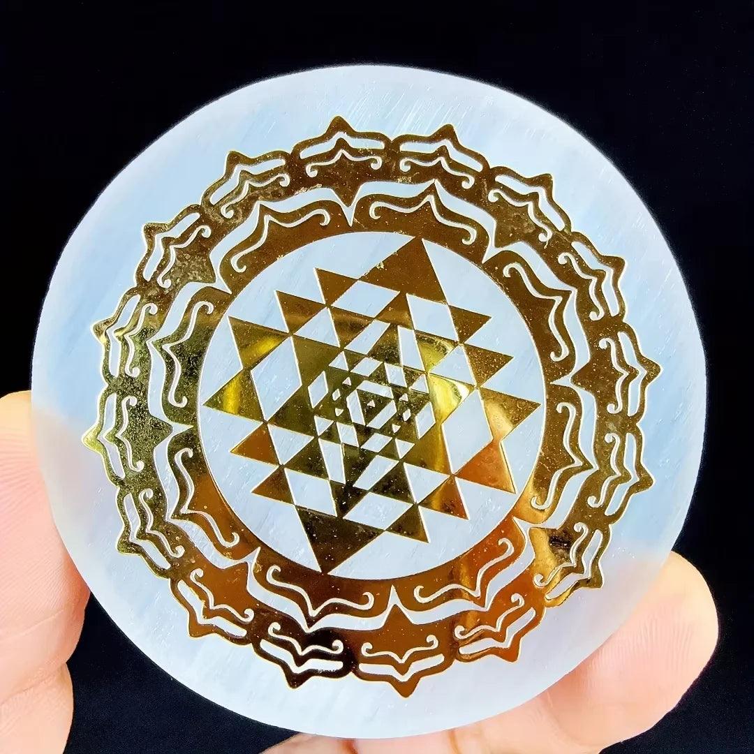 1pc Natural Selenite Slice Irregular Crystal Stone - Mixed Style Boho Star Moon Tree Flower Golden Tray Jewelry Accessories Art