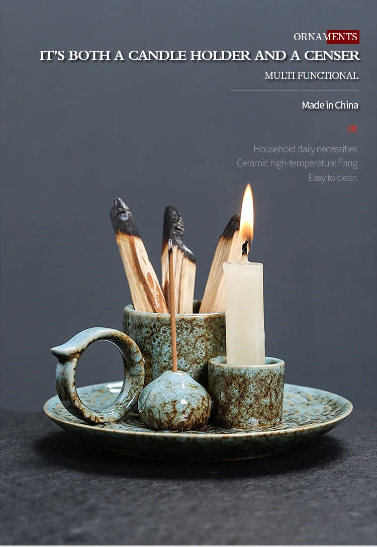 4 in 1 Incense Burner, Sage Palo Santo Holder, Incense Stick Holder Candles Holder Ceramic Censer for Meditation Living Room