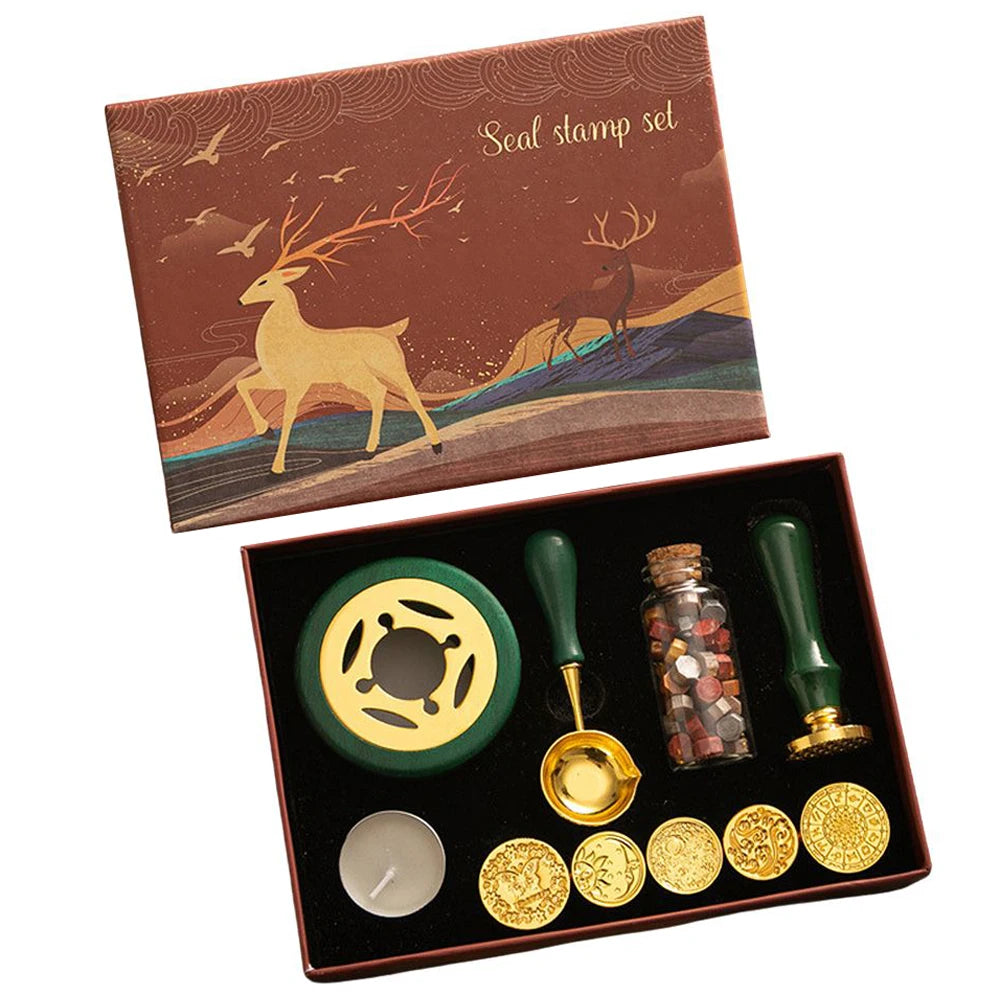 Wax Seal Stamp Kit with 6pcs Seal Stamp and Bottle of Wax Beads  Spoon/Candle/Wax Melt Warmer for Christmas Vintage Envelopes