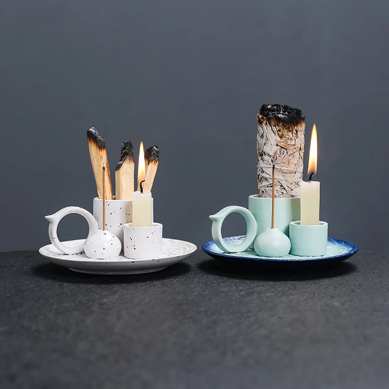 4 in 1 Incense Burner, Sage Palo Santo Holder, Incense Stick Holder Candles Holder Ceramic Censer for Meditation Living Room