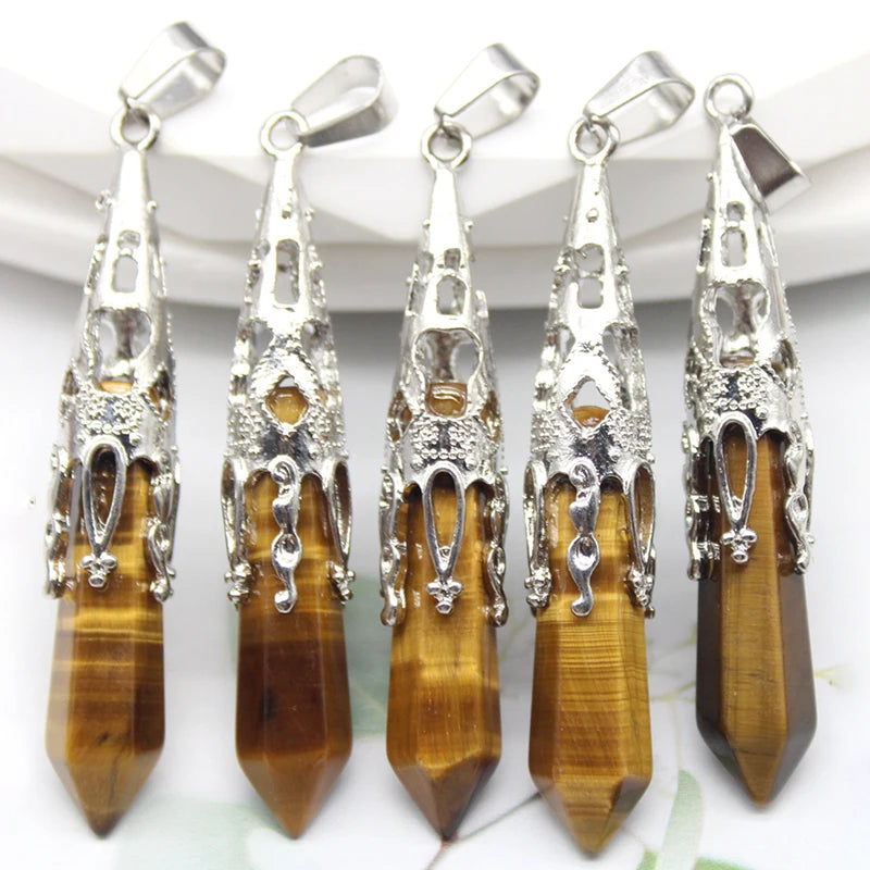 10pcs Crystal Pendulums for Dowsing Divination Natural Gem Stone Quartz Crystal Obsidian Hexagon Pendant For DIY Jewelry Making