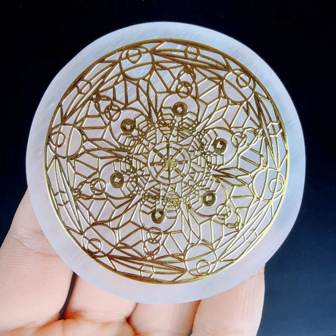 1pc Natural Selenite Slice Irregular Crystal Stone - Mixed Style Boho Star Moon Tree Flower Golden Tray Jewelry Accessories Art