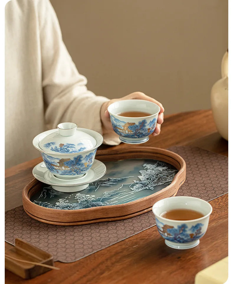 Blue And White Landscape Handmade Ceramic Sancai Tea Set Complete Set Zen Tea Ceremony Set Teapot And Tea Cup Set Tea Services