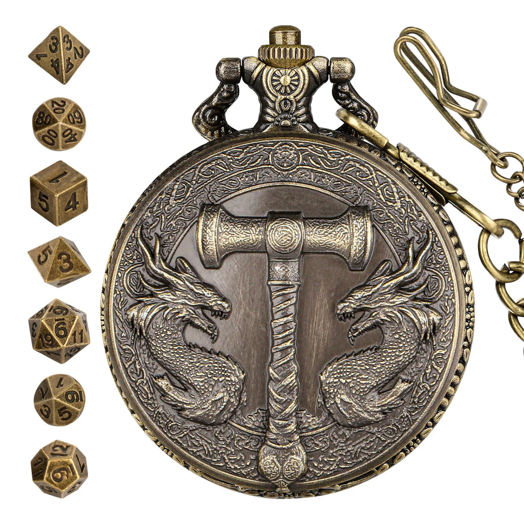 Retro Hammer Double Dragon DND Dice Jewelry Pocket Watch Case with 7pcs Metal Dice for Dungeons & Dragons RPG Dice Pendant