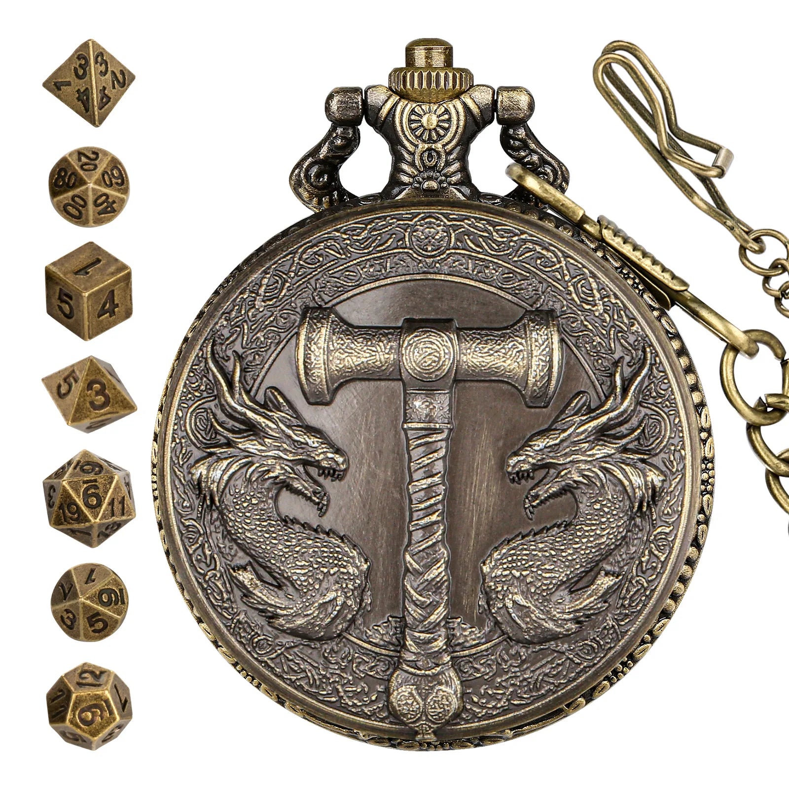 Retro Hammer Double Dragon DND Dice Jewelry Pocket Watch Case with 7pcs Metal Dice for Dungeons & Dragons RPG Dice Pendant