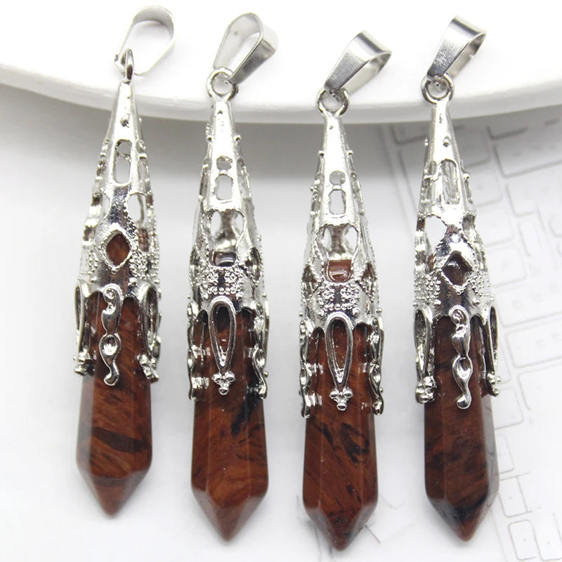 10pcs Crystal Pendulums for Dowsing Divination Natural Gem Stone Quartz Crystal Obsidian Hexagon Pendant For DIY Jewelry Making