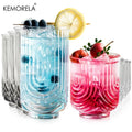 8 Pieces 14/12OZ Art Deco Cocktail Glass Highball Ribbed Glass Drinking Glass Set Unique Glassware Beverage Iced Coffee Cup Set