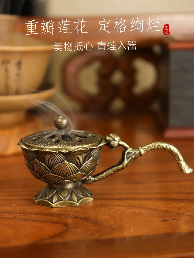 Lotus Flower Incense Burner With Handle Retro Copper Lotus Hollow Out Incense Stick Burner Brass Small Metal Craft Home Decor