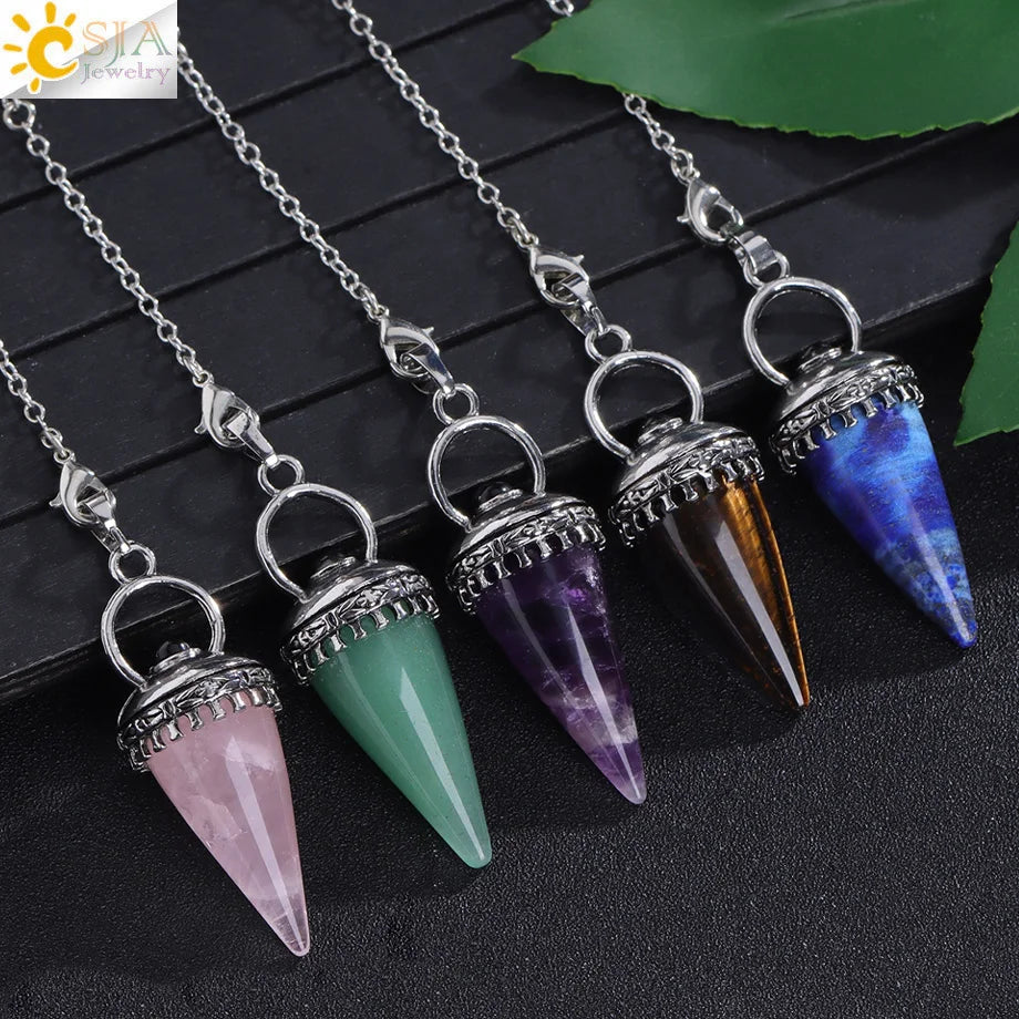 CSJA Natural Stone Cone Pendulum Reiki Amethyst Pink Crystal Gem Stone Pendulo for Dowsing Dinvination Healing Quartz H624