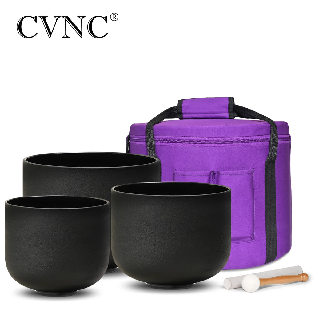 CVNC 8"B 10"F 12"C Double Black Quartz Bowls  Frosted Crystal Singing Bowls Chakra Set 3pcs for Sound Healing With Bag
