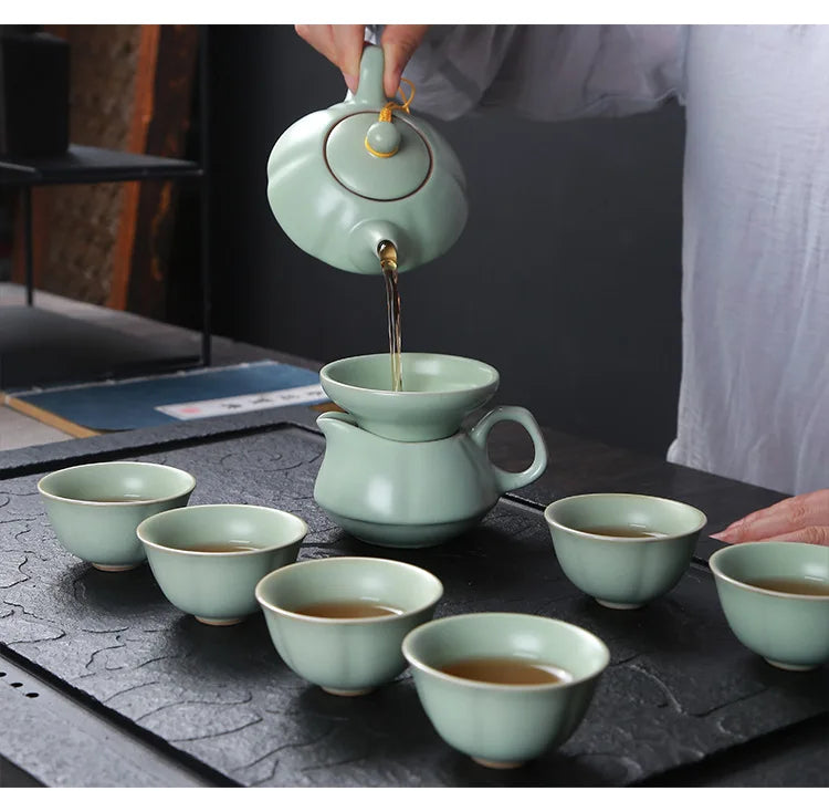 Creative Business Gift Ceramic Tea Set Teaware Geyao Ru Kiln A Pot of Six Cups of Tea Cups with Hand Gift Box Japanese TeaSet