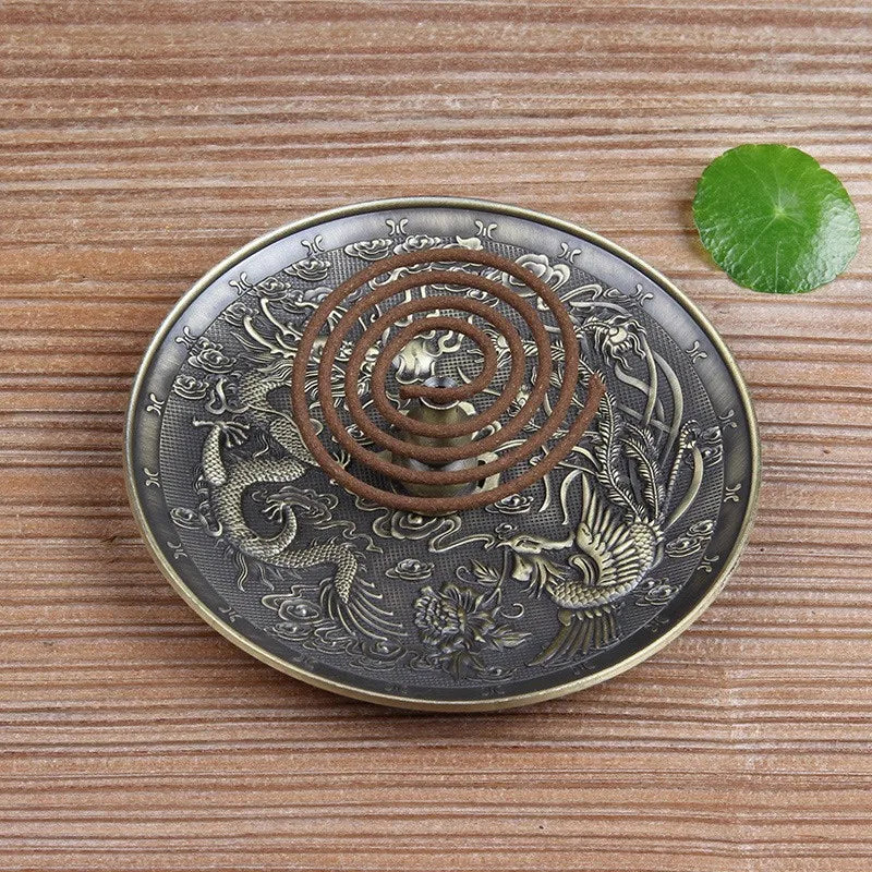 Dragon and Phoenix Bronze Incense Tray Twelve Zodiac Antique Thread Incense Holder Coil Incense Burner Indoor Sandalwood Stove