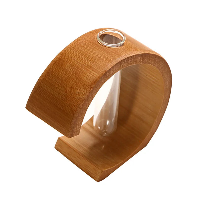 Handmade Bamboo Vase with Wooden Frame Retro Flowerpot for Bonsai Plant Home Decoration Tabletop Ornament