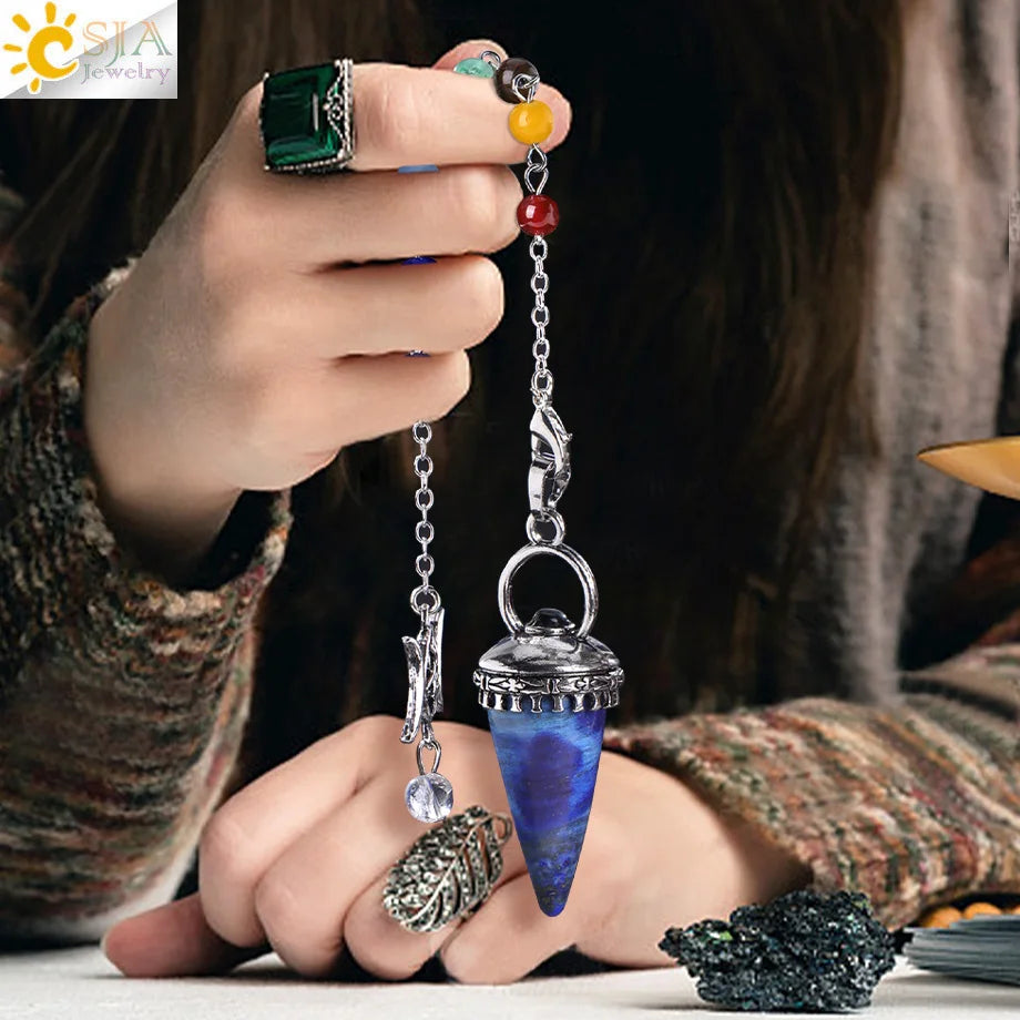 CSJA Natural Stone Cone Pendulum Reiki Amethyst Pink Crystal Gem Stone Pendulo for Dowsing Dinvination Healing Quartz H624