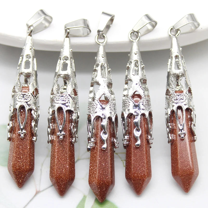 10pcs Crystal Pendulums for Dowsing Divination Natural Gem Stone Quartz Crystal Obsidian Hexagon Pendant For DIY Jewelry Making