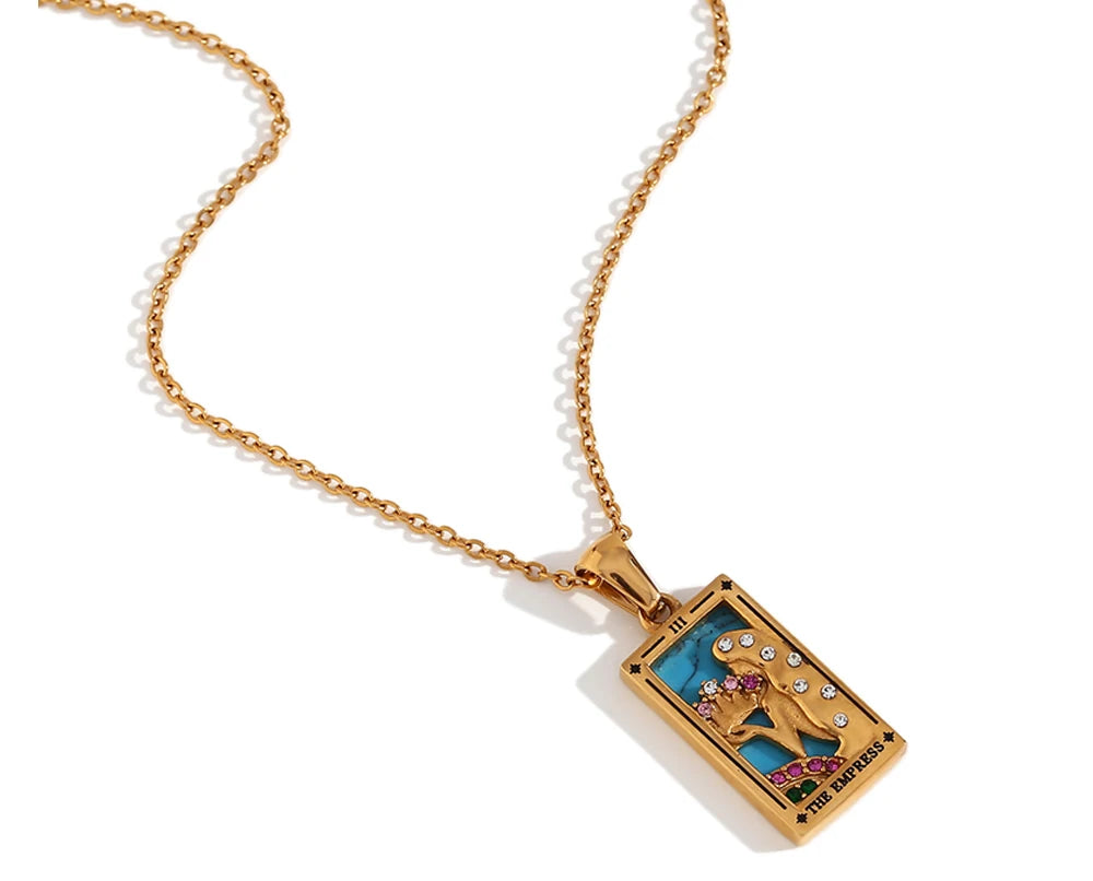 MamacitaSlay New In Populry Rectangular Pendant Empress Lovers Magician Tarot Waterproof Stainless Steel Necklace For Women