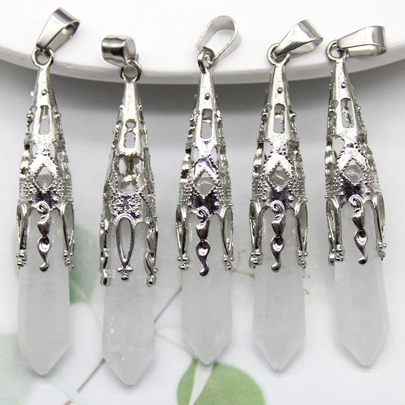 10pcs Crystal Pendulums for Dowsing Divination Natural Gem Stone Quartz Crystal Obsidian Hexagon Pendant For DIY Jewelry Making