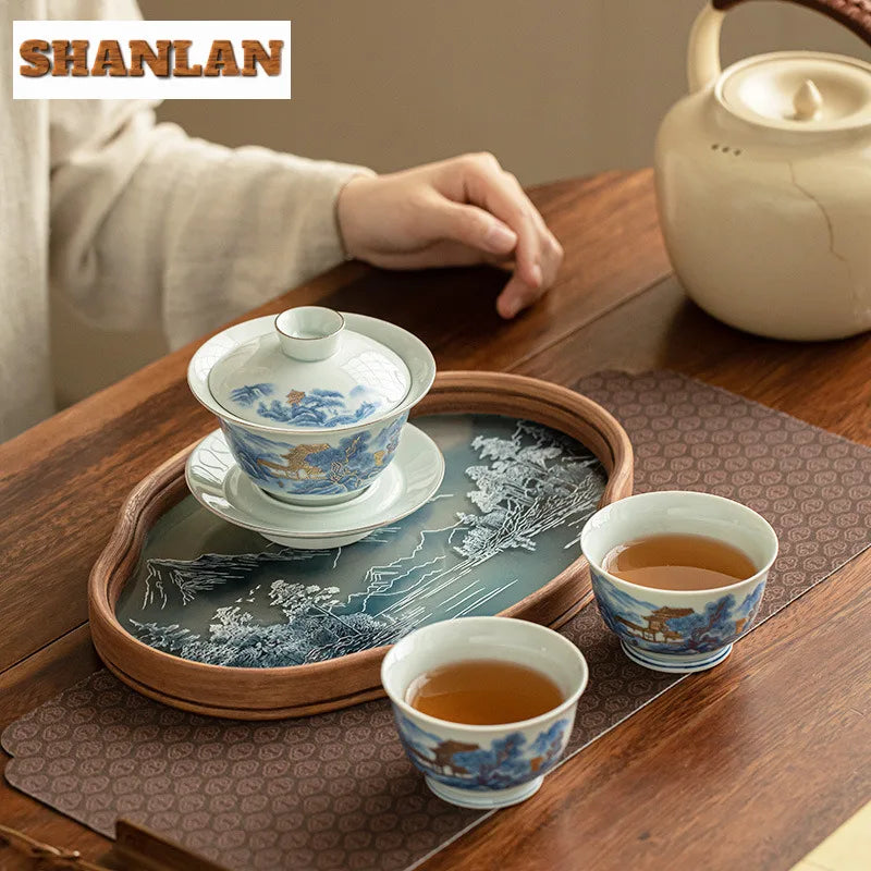 Blue And White Landscape Handmade Ceramic Sancai Tea Set Complete Set Zen Tea Ceremony Set Teapot And Tea Cup Set Tea Services