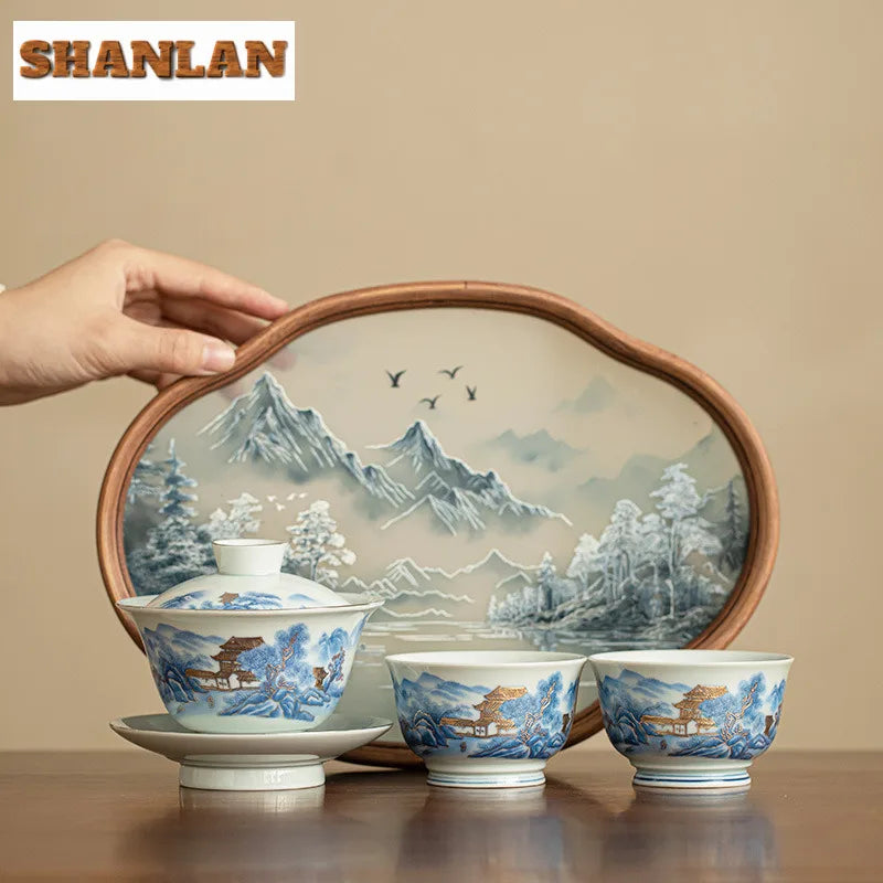 Blue And White Landscape Handmade Ceramic Sancai Tea Set Complete Set Zen Tea Ceremony Set Teapot And Tea Cup Set Tea Services